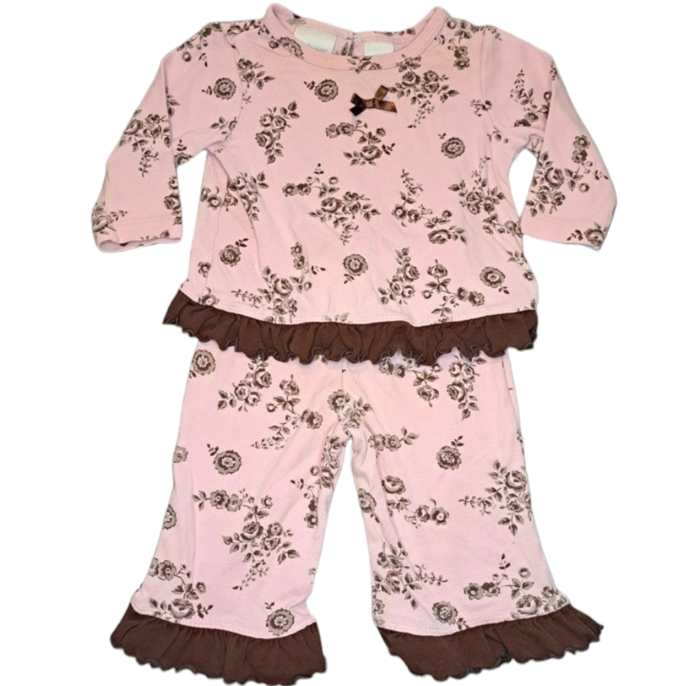 Miniwear Pink & Brown Floral Ruffle Set Size 6-9 Months